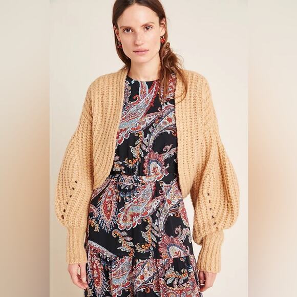 ANTHROPOLOGIE Rae Cropped Cardigan Tan Chunky Knit Sweater Oversized Size Small - Picture 3 of 11